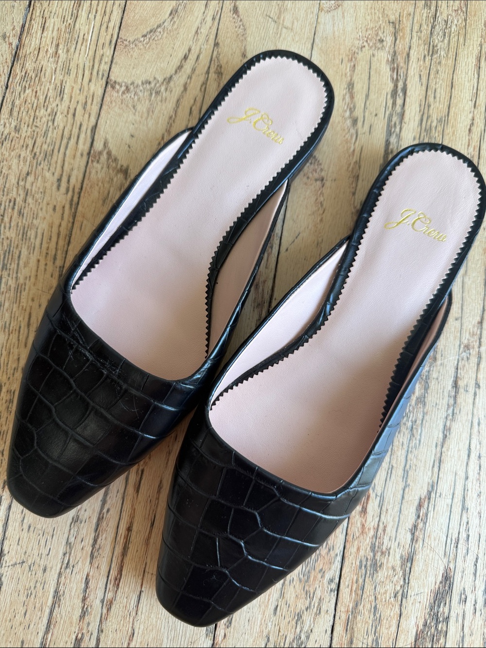 J. Crew Black Croc-Embossed Leather Slip-On Mules with Blush Insole Size 8 1/2